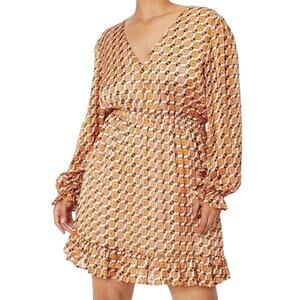 NWOT NASTY GAL Dress 12 Coral Silver Retro Geometric Fit&Flare Ruffle Balloon-Sl